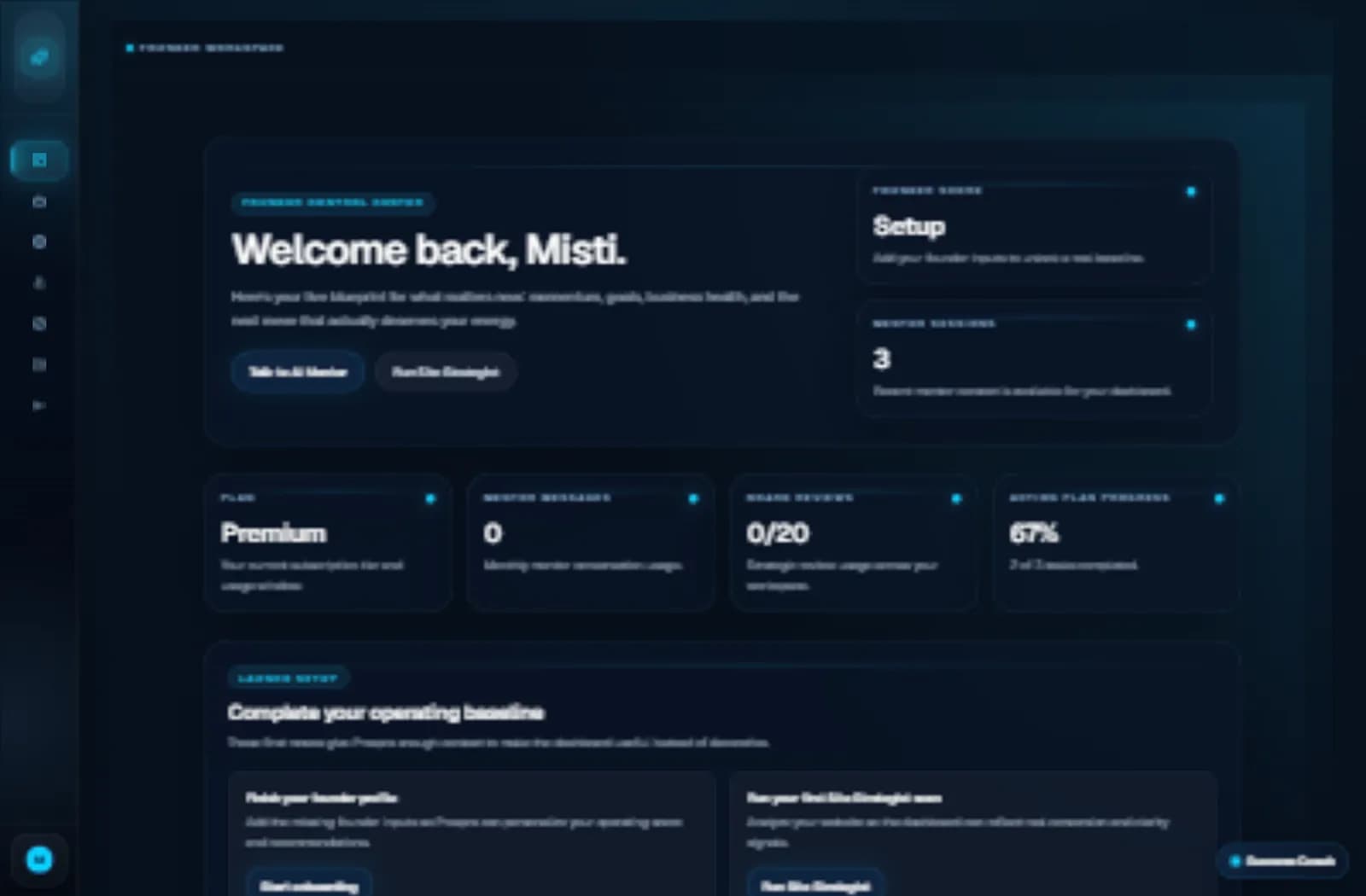 Prospra dashboard: founder blueprint with mentor sessions, setup checklist, and operating baseline progress.